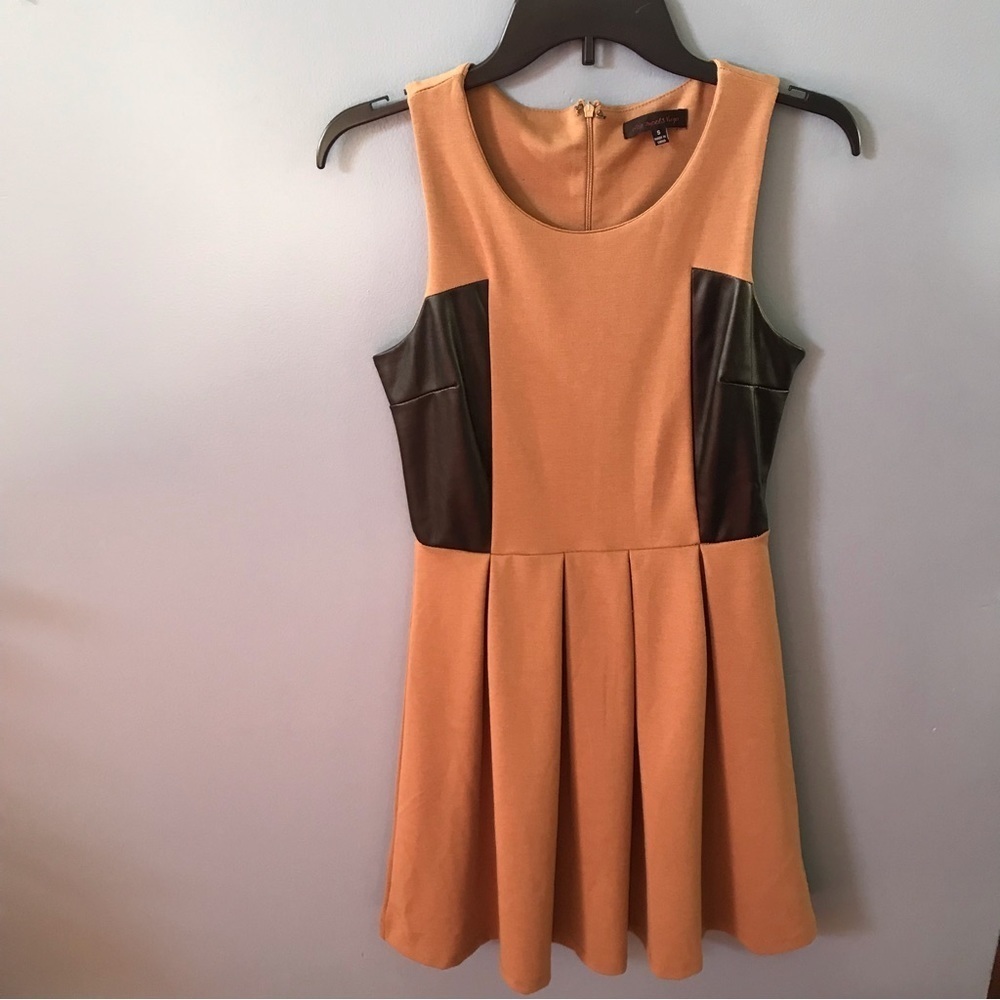 Leo meets Virgo camel/tan sleeveless plated dress with faux leather accents